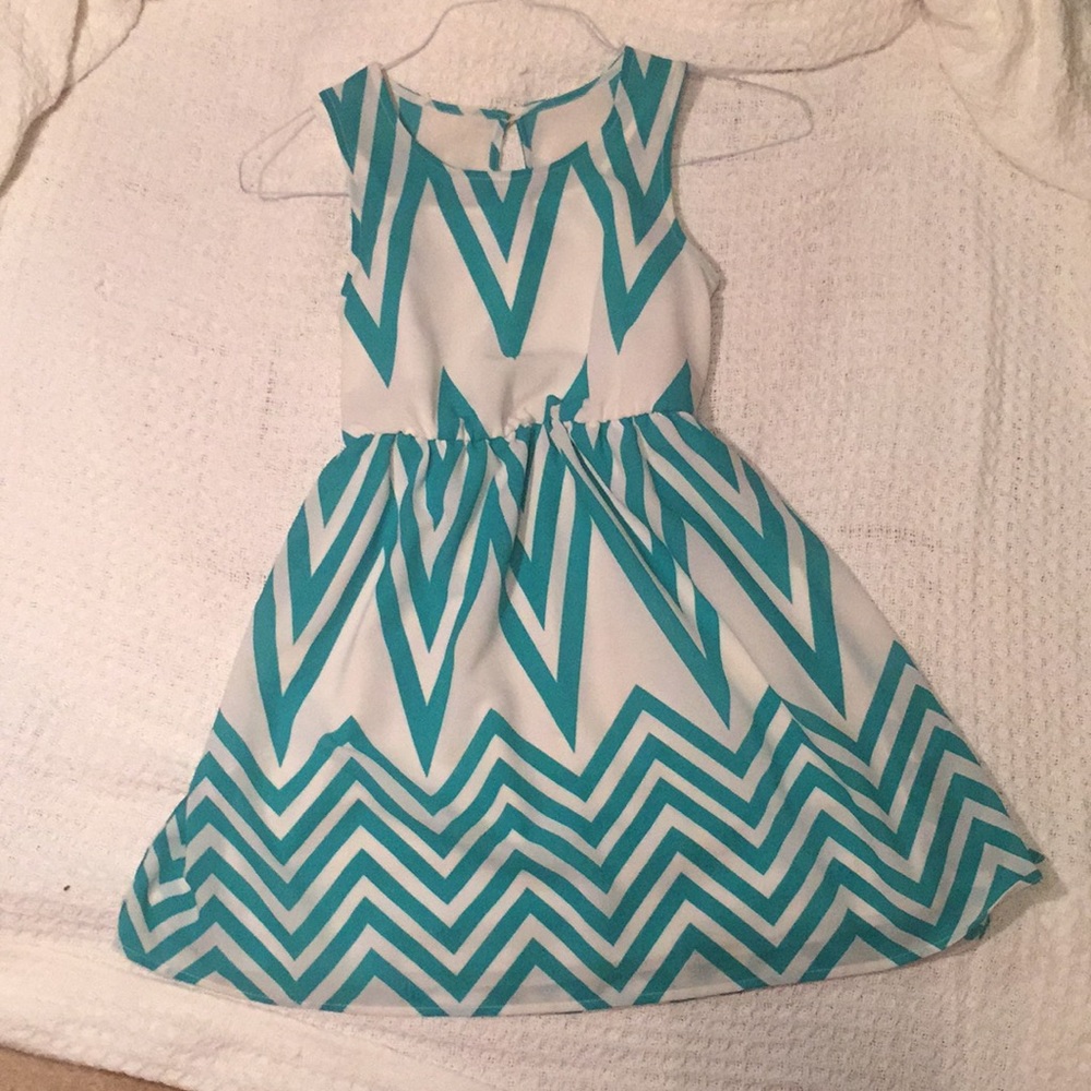 Girls white and teal chevron dress